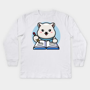 Cute polar bear writing on book with pencil cartoon Kids Long Sleeve T-Shirt